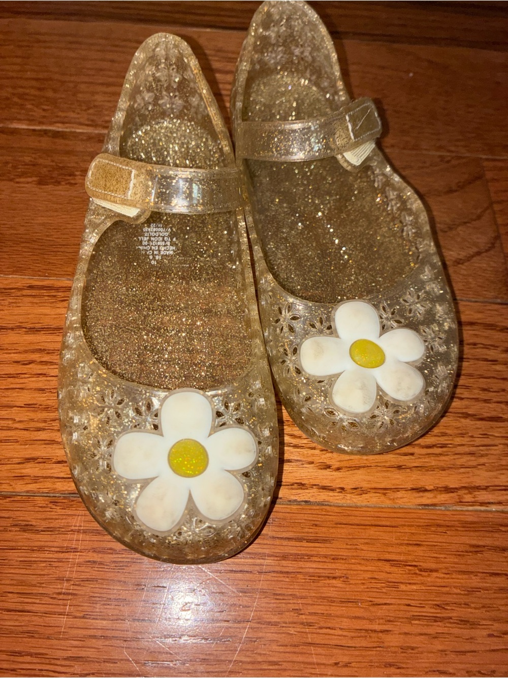 Old Navy Gold Glitter Jelly Mary Janes with White Daisy Accent
